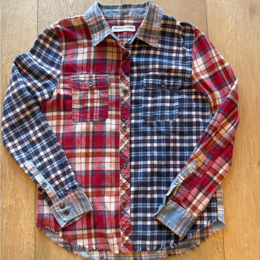 Mixed Plaid Button-Down Flannel Shirt